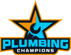 Logo featuring a star with a wrench in the center, above the words "PLUMBING CHAMPIONS" in bold blue and white text.
