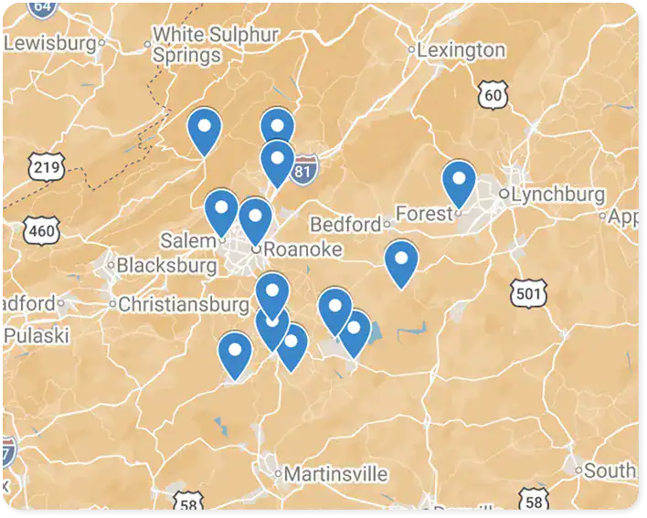 A map of southwestern Virginia shows multiple blue location markers clustered around Roanoke, Salem, Bedford, and Lynchburg. Major roads and nearby cities are labeled.