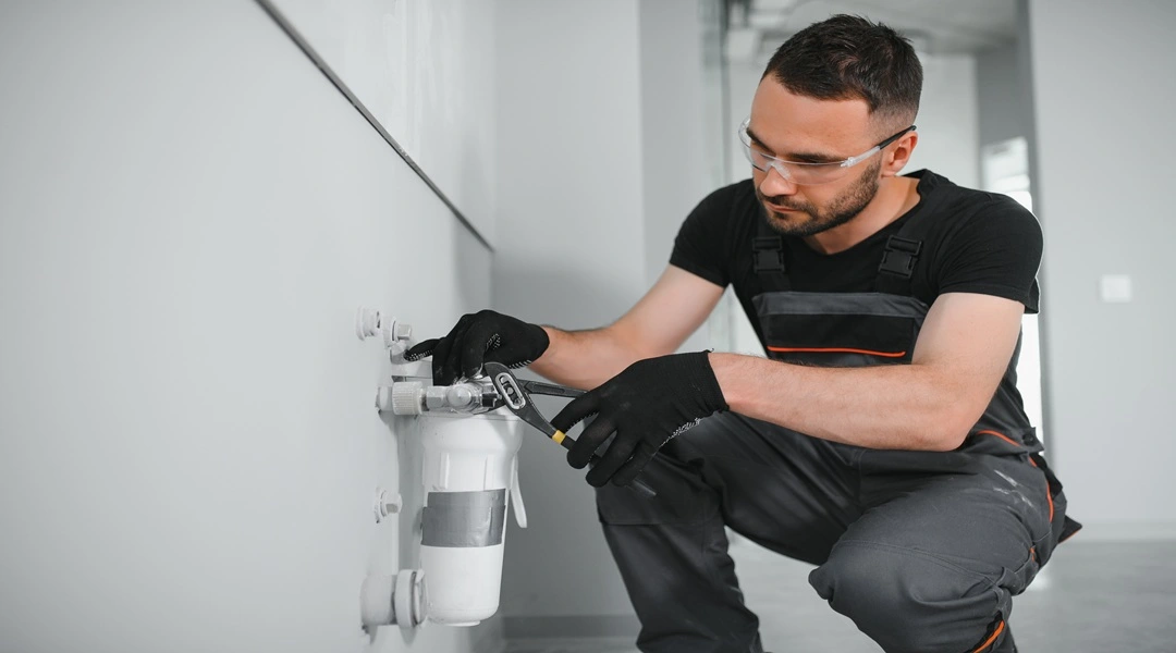 Professional plumber repairing water filter system with wrench - Plumbing Champions