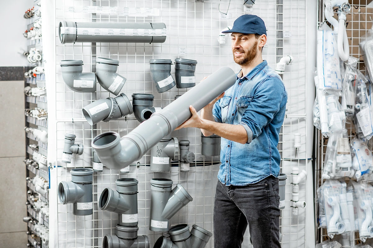 Man in blue shirt holding a PVC pipe in a hardware store with plumbing supplies.