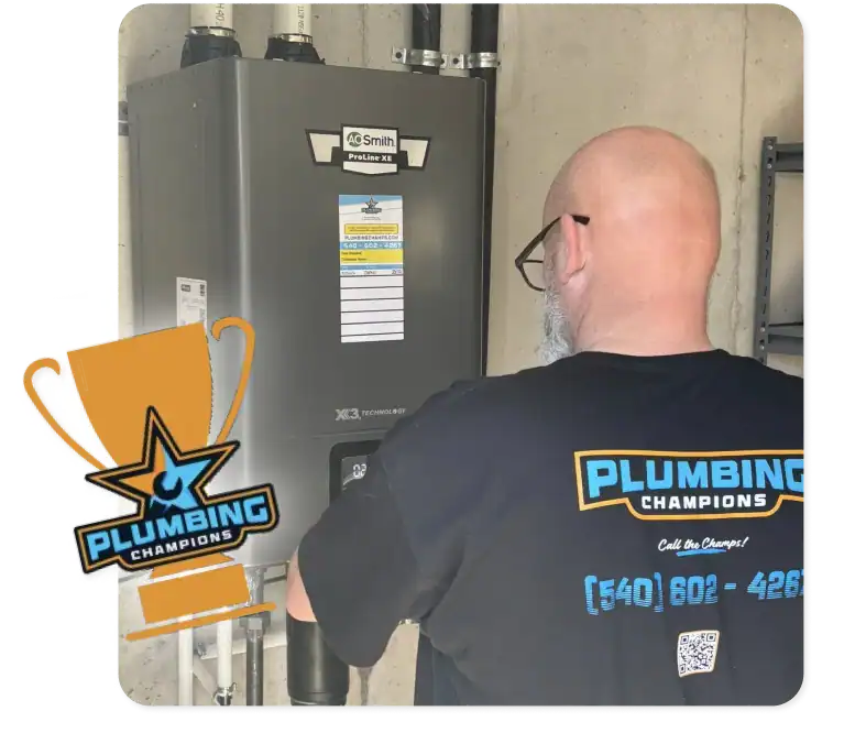 A person wearing a "Plumbing Champions" shirt works on a water heater; a trophy graphic with the company logo appears on the left.