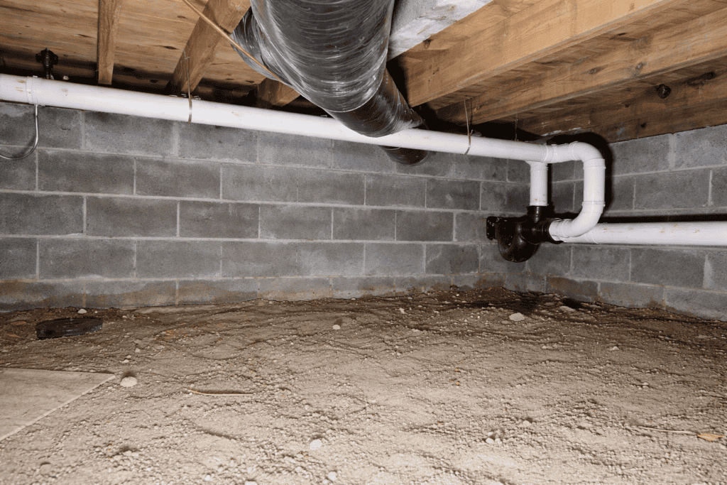 %Imagetitle% | Plumbing Champions A crawl space with an exposed dirt floor, cinder block walls, visible wooden ceiling joists, and white PVC plumbing pipes.