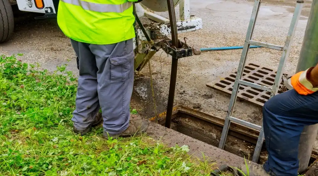 Two workers in safety gear stand near an open manhole with tools and a metal ladder, performing maintenance work at the edge of a grassy area.