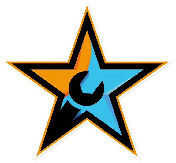 A five-pointed star split into orange and blue halves with a black wrench shape in the center.