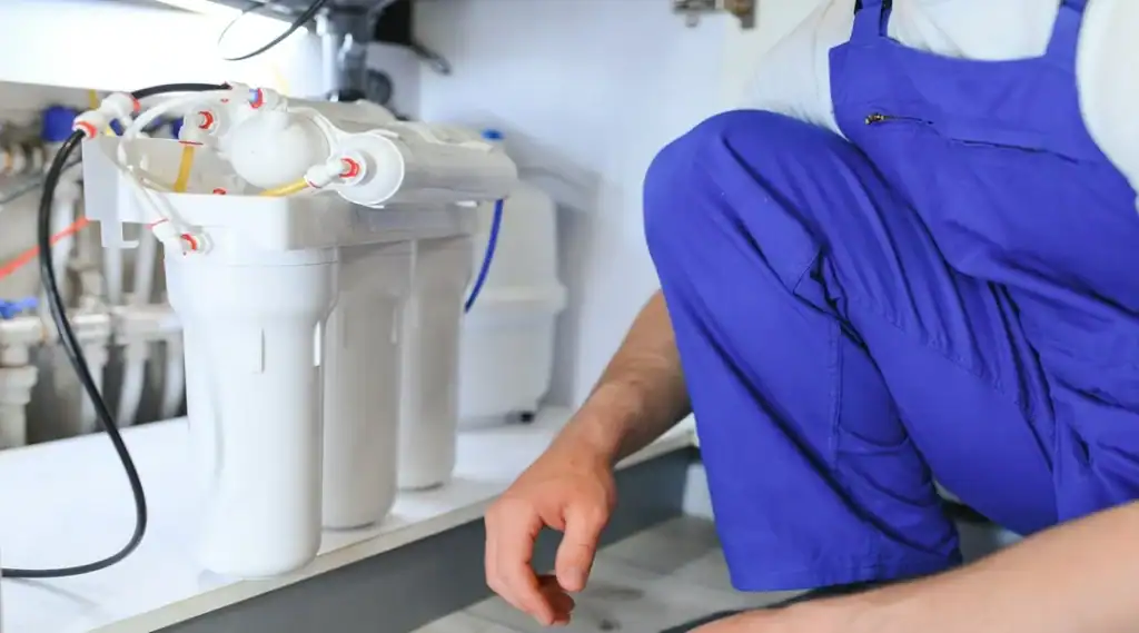 %Title% | Plumbing Champions A person in blue overalls is installing or inspecting a water filtration system under a sink.