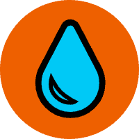 A blue water droplet icon with a black outline is centered on an orange circular background.