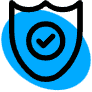 Black shield outline with a checkmark inside, set against a blue oval background.