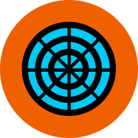 A blue and black circular target design with concentric rings and radial lines on an orange background.