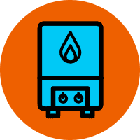Blue gas boiler icon with a flame symbol on an orange circle background.