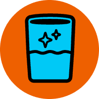 Icon of a blue glass of water with two sparkle symbols, set against an orange circular background.
