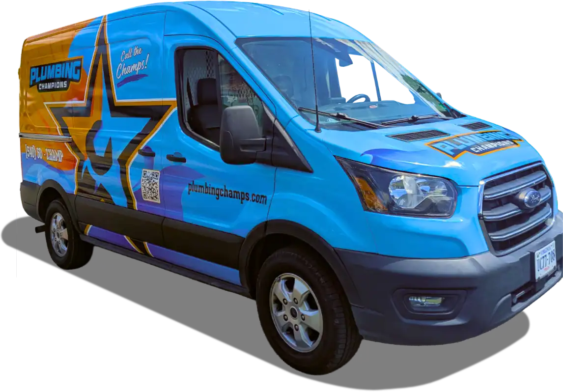 Blue and orange branded van with "Plumbing Champions" and a large star graphic on the side, parked on a plain background.