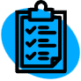 Icon of a clipboard with a checklist of three items and a blue background shape behind it.