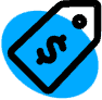 Black price tag with a dollar sign on a blue circular background.