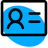 Simple icon of an ID card with a user silhouette on the left and two horizontal lines on the right, displayed over a blue oval background.