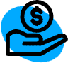 Black outline of a hand holding a coin with a dollar sign, over a blue abstract shape background.